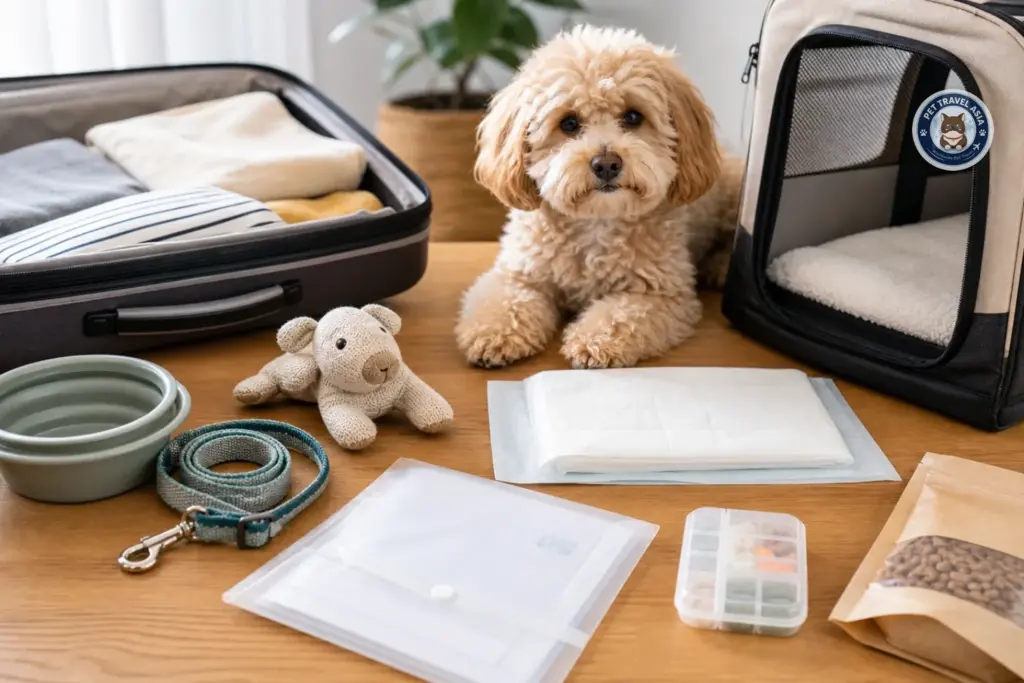 Organized pet travel kit beside a carrier and packed suitcase