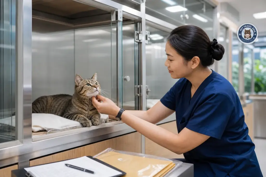 Caretaker checking a calm cat in a clean quarantine holding room