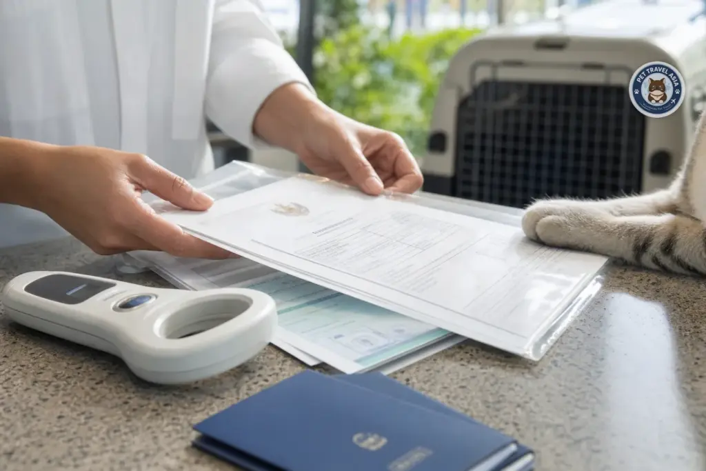 Pet export Indonesia documents with microchip scanner and cat nearby