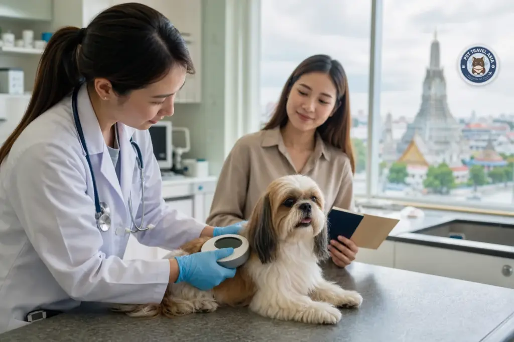 Veterinarian scanning a dog before pet export from Thailand