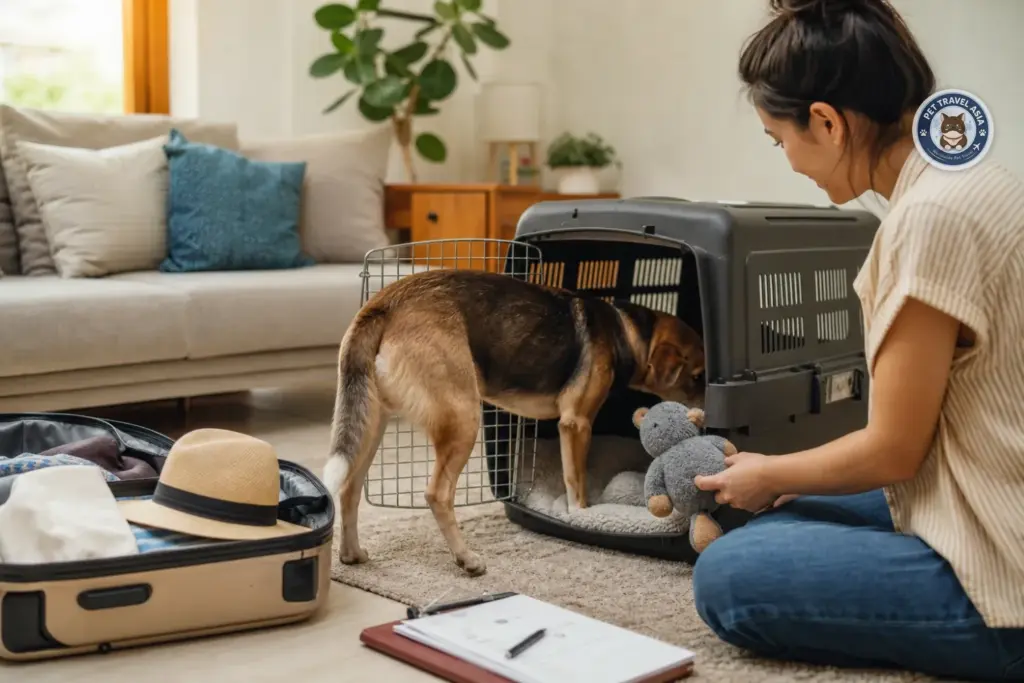 Dog practicing crate acclimation at home before shipping abroad