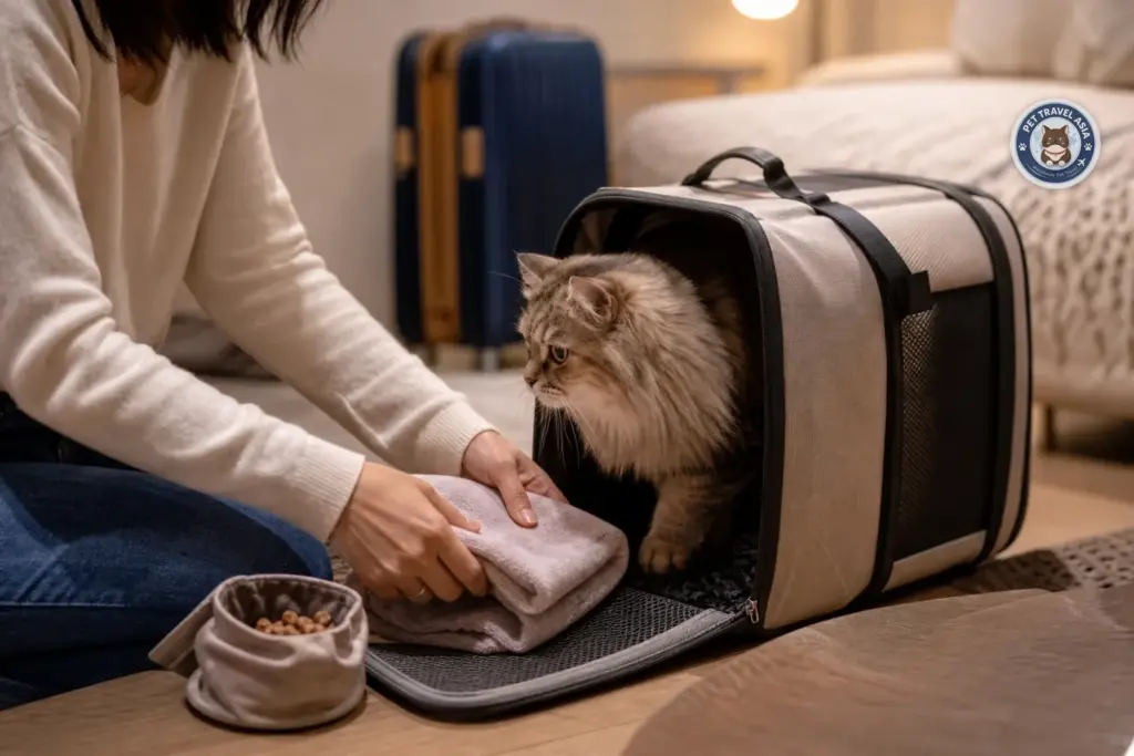Long-haired cat exploring a soft carrier before international travel