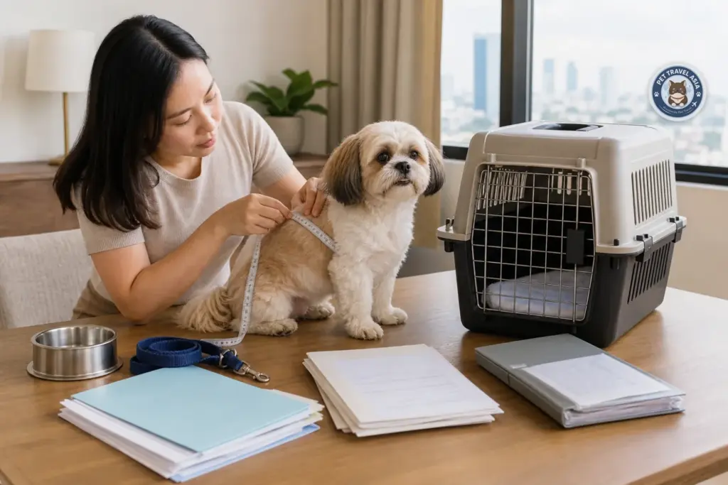 Owner measuring a dog before moving a pet to Singapore