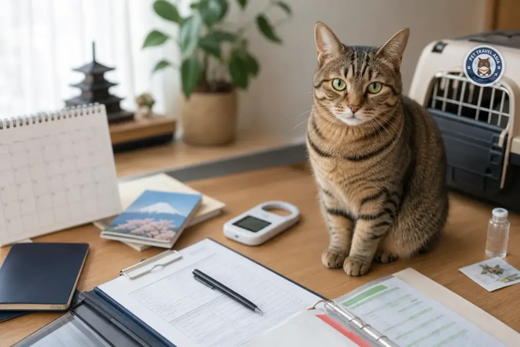 Cat beside Japan pet relocation timeline documents and carrier
