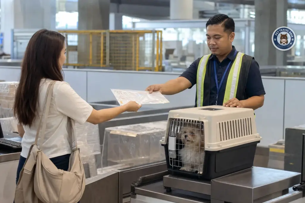 Handler receiving pet cargo documents at Jakarta airport acceptance counter