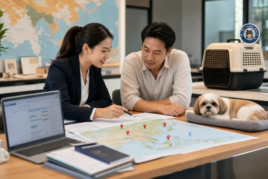 Pet relocation coordinator reviewing Asia route planning with a client