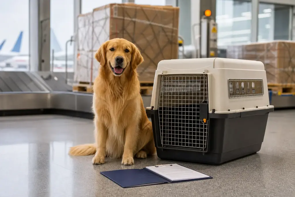Calm dog beside an IATA travel crate and pet travel documents at an Indonesian airport
