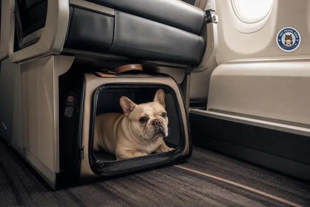 French Bulldog resting inside an in-cabin carrier near an airplane window