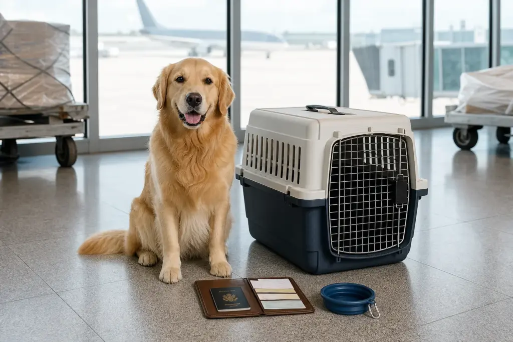 Calm dog beside an IATA travel crate for moving a pet from Indonesia to Singapore