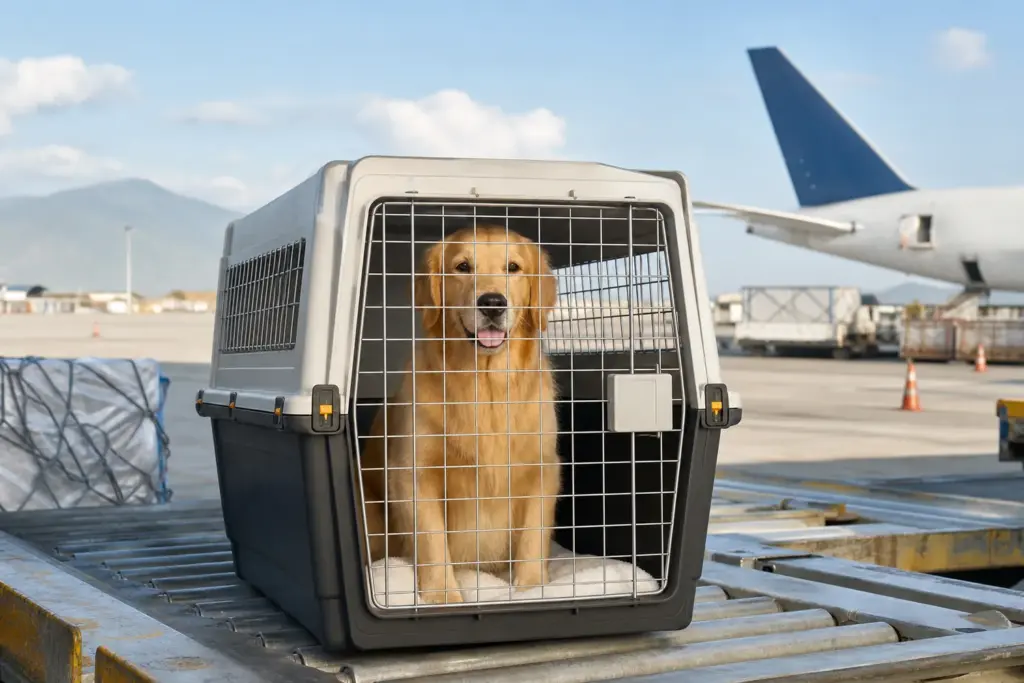 Calm dog in an IATA crate at Jakarta airport cargo terminal