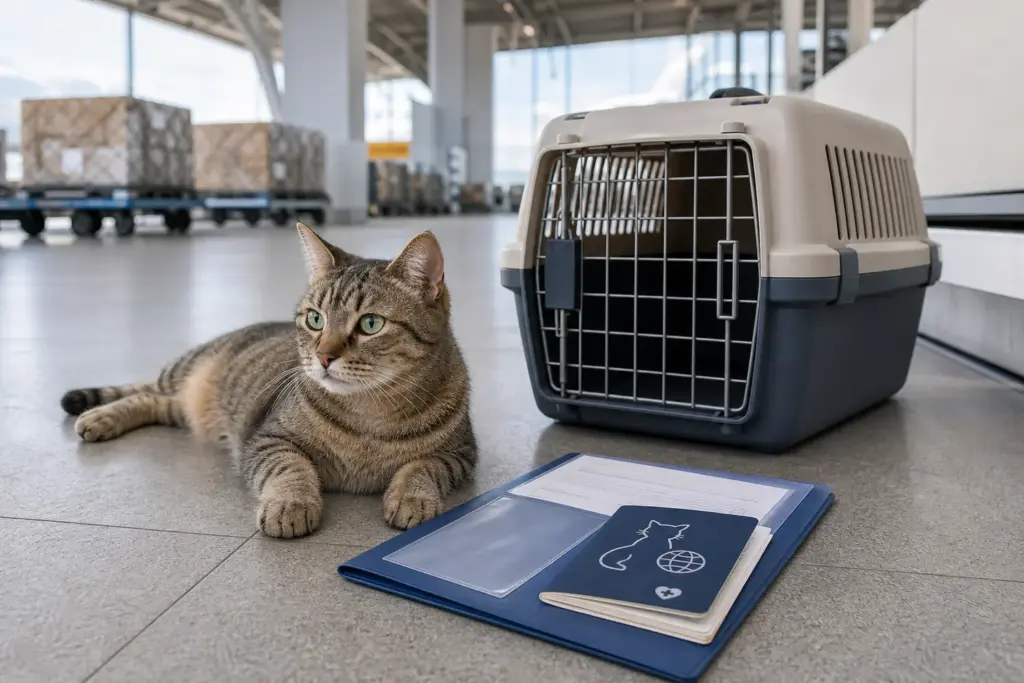 Calm cat beside an IATA travel crate and pet export documents in Indonesia