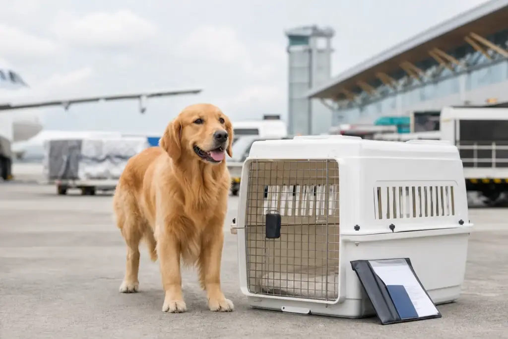 Calm dog beside an IATA travel crate at an airport cargo terminal
