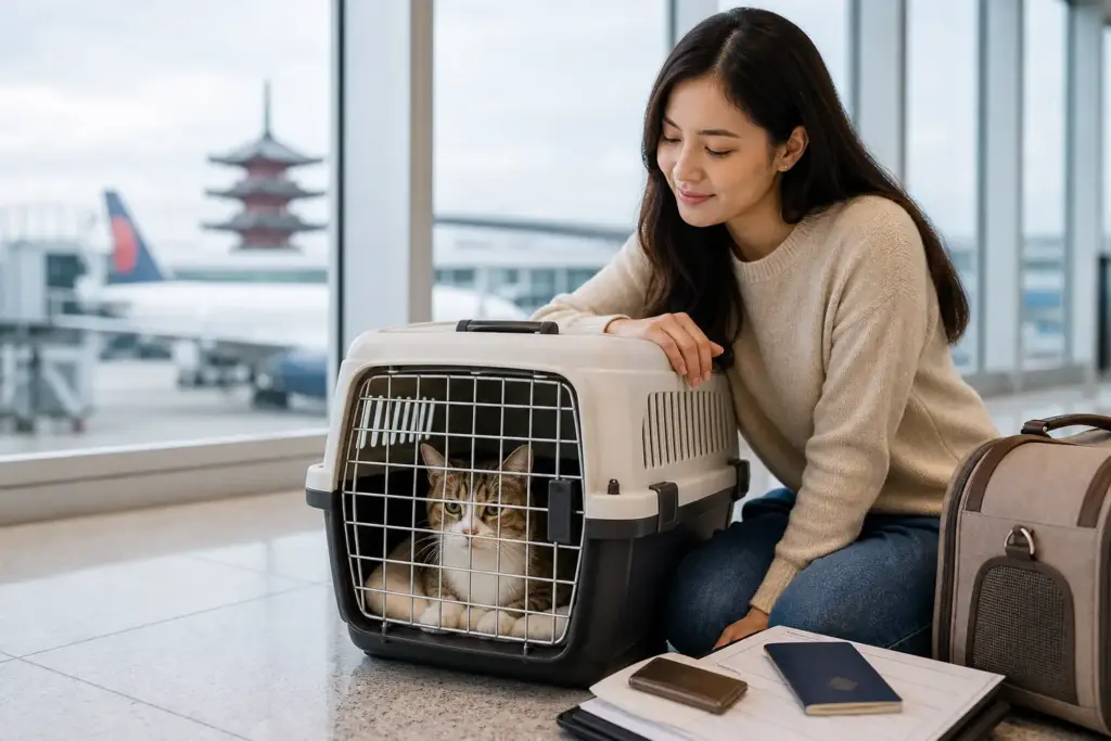 Calm cat in an IATA travel crate prepared for travel from Indonesia to Japan