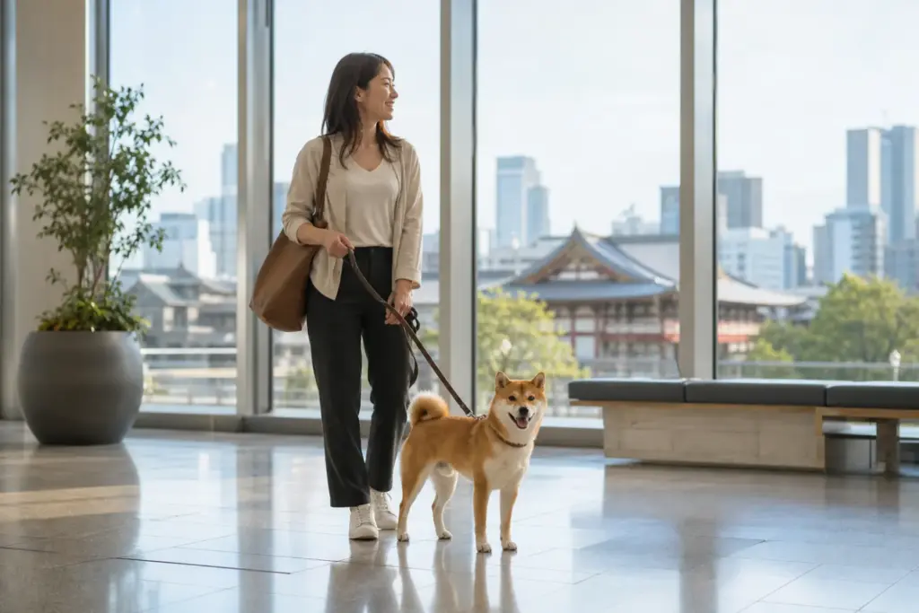 Shiba inu standing beside its owner in a bright Japanese airport arrivals hall for dog travel to Japan