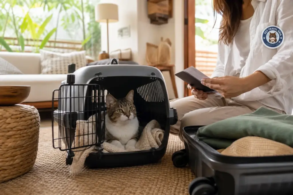 Cat acclimating to a travel crate before pet travel via Bali