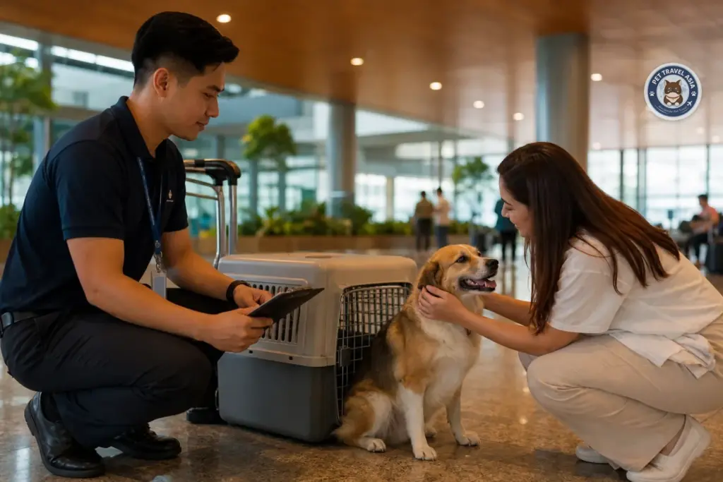 Owner greeting a dog at Manila arrival hall after pet relocation