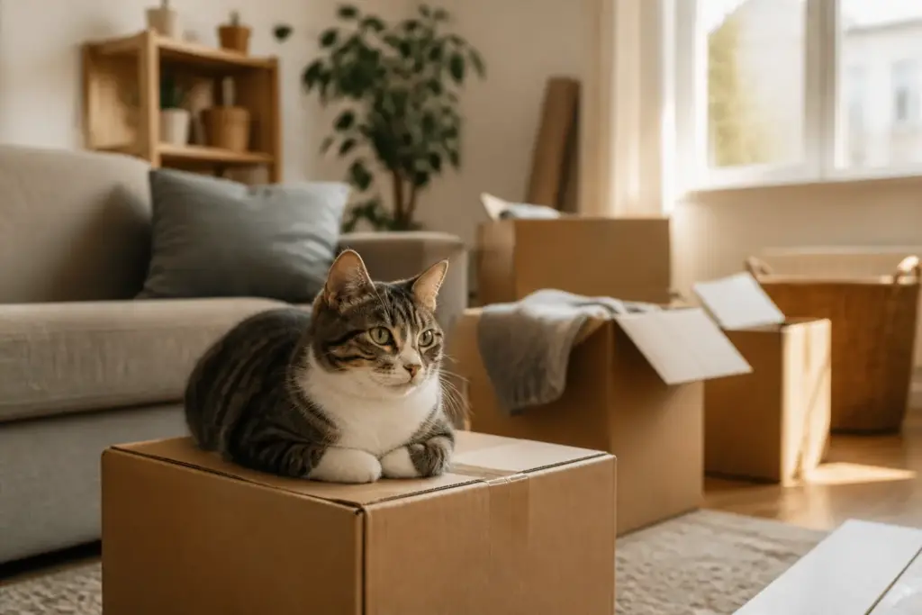 Tabby cat resting on a moving box in a sunlit living room during a household move to Japan