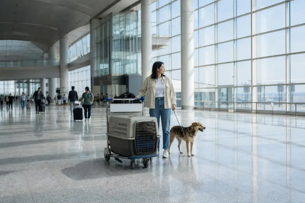 Owner with a dog and a pet crate on a trolley in an airport departure hall before an international flight