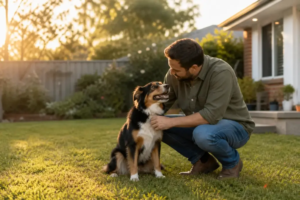 Owner kneeling beside a medium-sized dog on a suburban backyard lawn at golden hour before a Hong Kong pet relocation