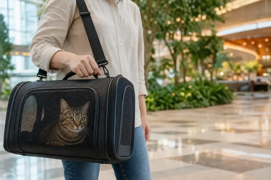 Tabby cat in a soft carrier with its owner at Changi arrivals for pet relocation from Australia to Singapore