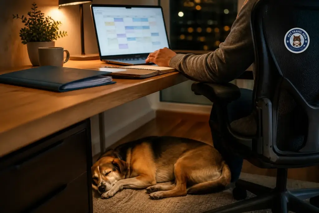 Dog sleeping beside a chair in a warm home office while an assignment calendar is open on a laptop