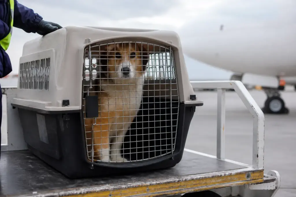 Dog visible through a travel crate door on a cargo trolley beside a blurred aircraft on an overcast airport apron