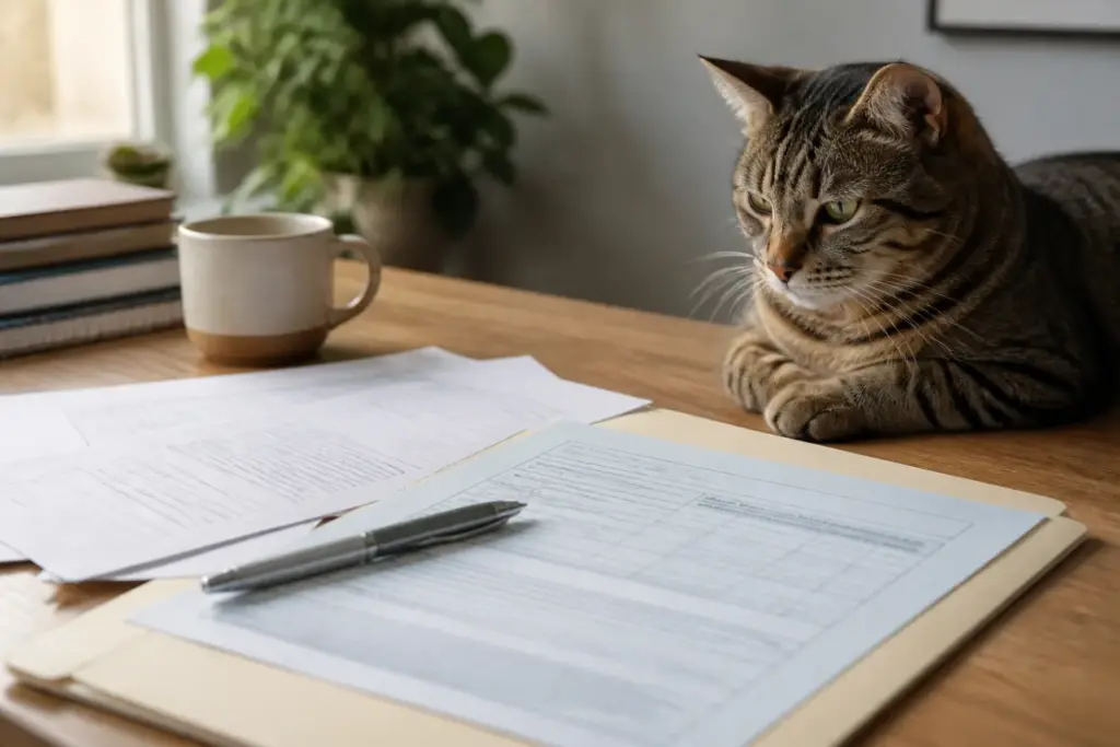 Close-up of Hong Kong pet import permit documents on a home desk with a tabby cat watching in morning window light