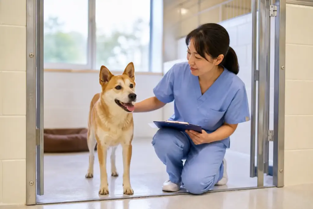 Caretaker checking a calm dog beside an open kennel gate in a bright animal holding facility for Japan pet quarantine