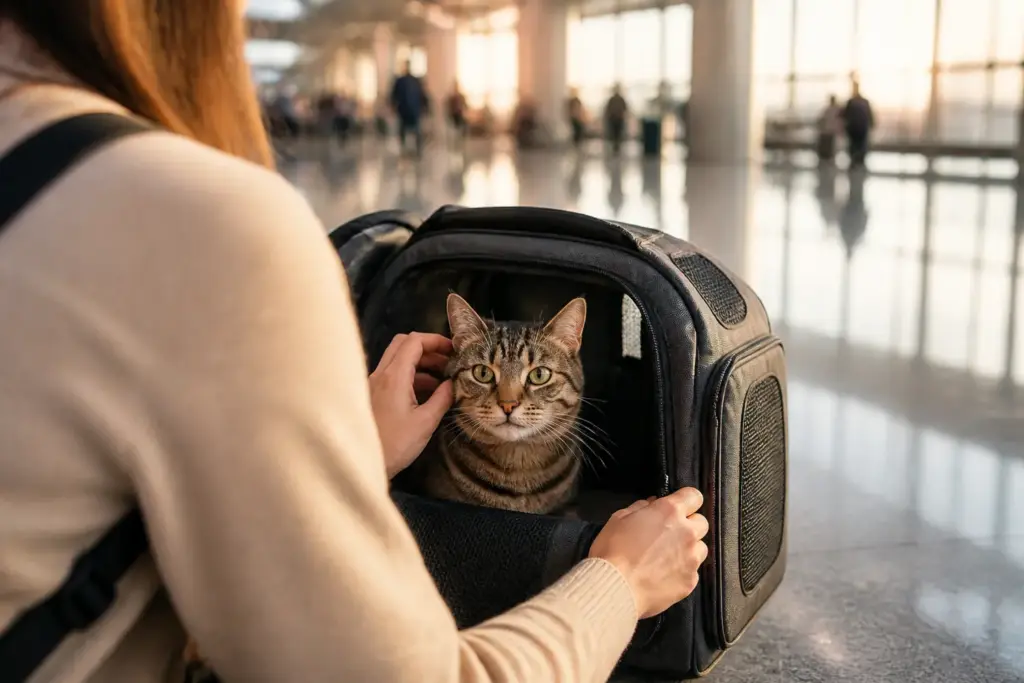 Owner greeting a tabby cat in a soft carrier at an airport arrival hall for military pet relocation to Asia
