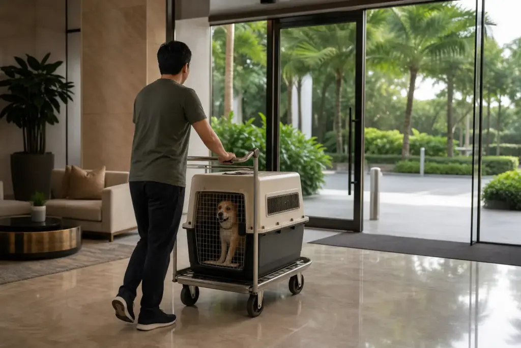 Pet owner wheeling a medium-sized dog in an airline travel crate through a Singapore condominium lobby before departure