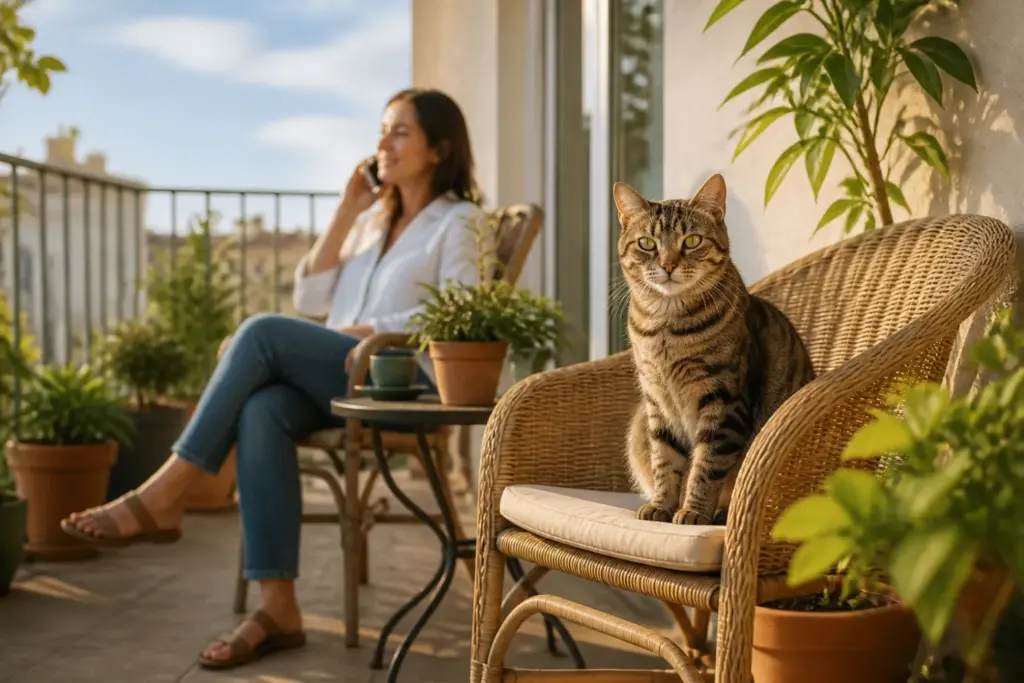 Tabby cat on a rattan chair on an apartment terrace while its owner makes a phone call during pet relocation India planning
