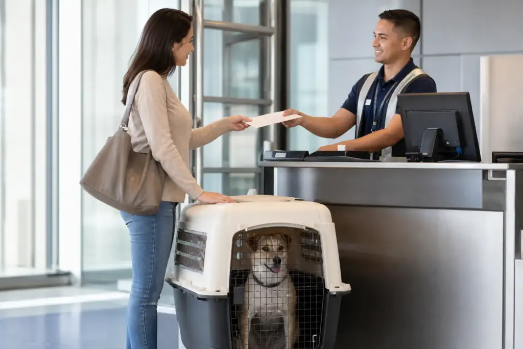Airport cargo handler receiving a mixed-breed dog's travel crate and documents from its owner for a Hong Kong relocation