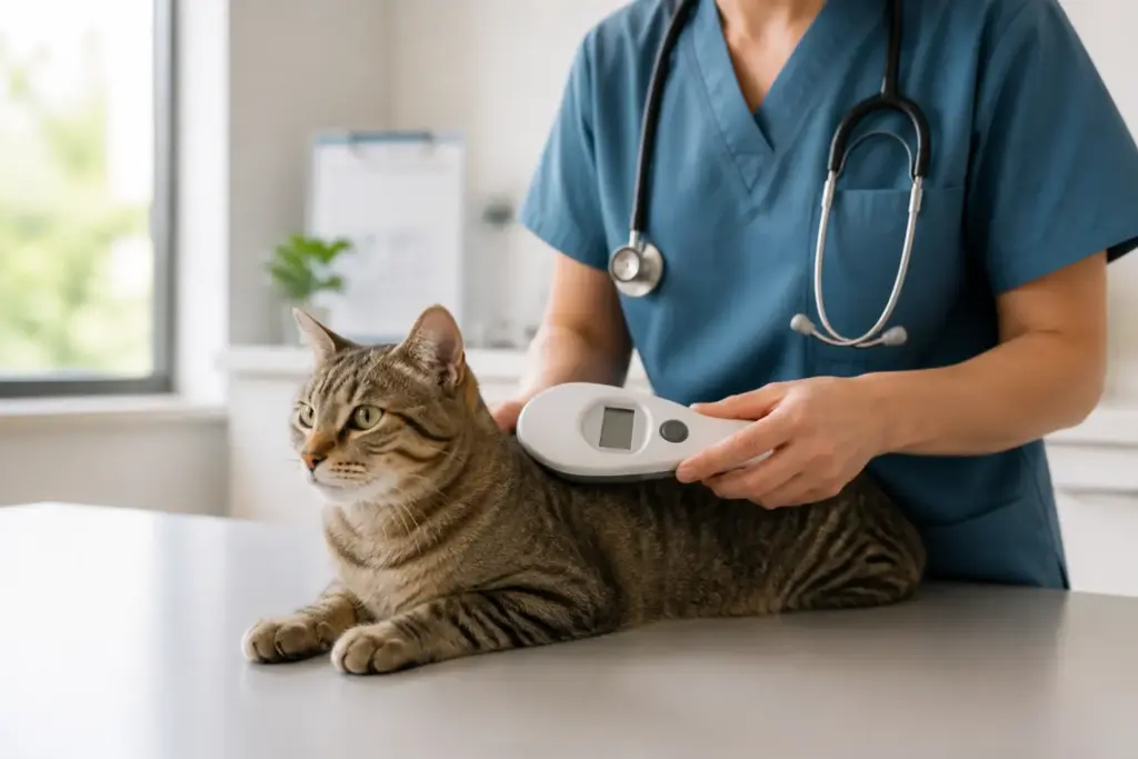Veterinarian scanning a tabby cat's microchip before a US-to-Japan pet relocation health check