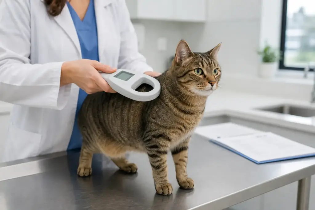 Veterinarian scanning a tabby cat's microchip during a pre-flight health check for pet travel to South Korea