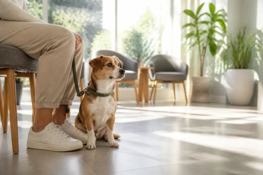 Small short-haired dog waiting beside its owner's legs in a sunlit veterinary clinic waiting room before Taiwan pet import planning