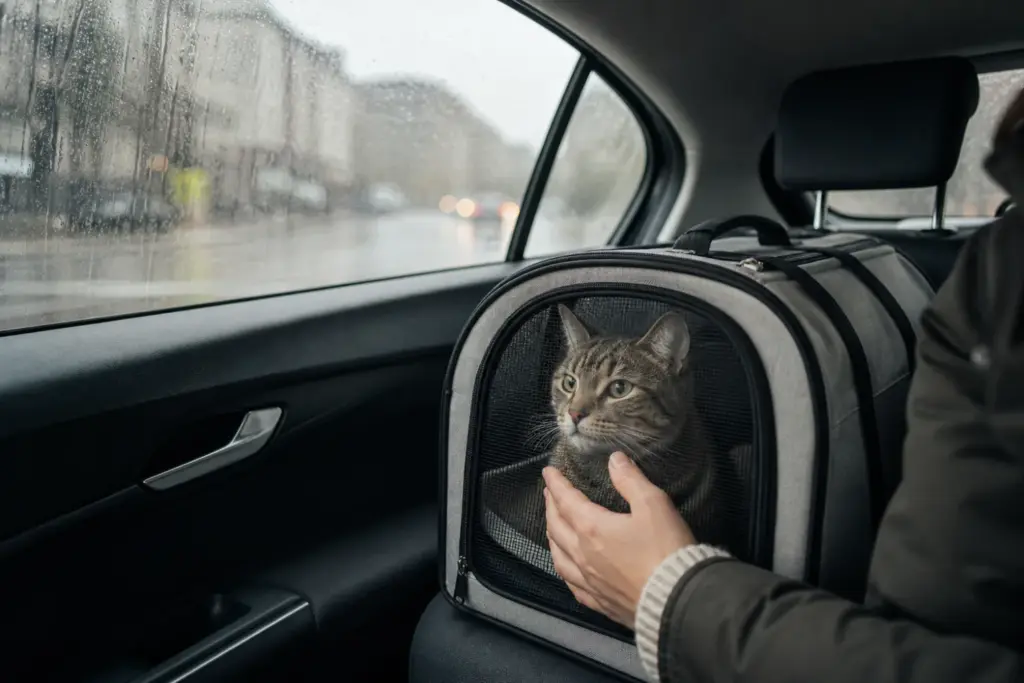 Owner reassuring a tabby cat inside a travel carrier on a rainy morning car journey for UK to Hong Kong pet relocation planning