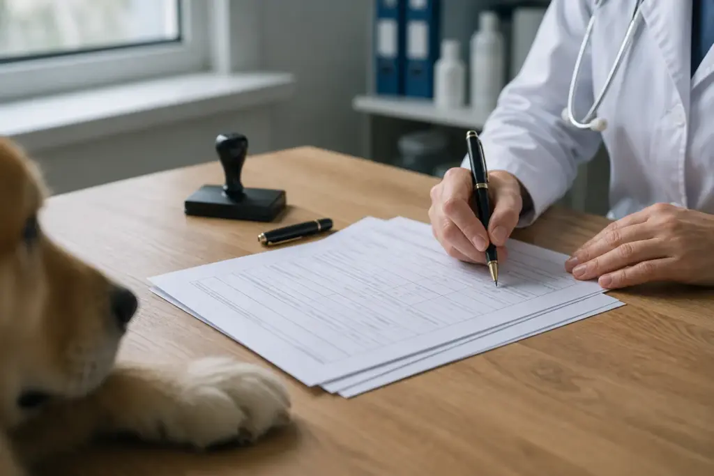 Veterinarian signing an export health certificate at a UK practice desk before pet relocation to Japan