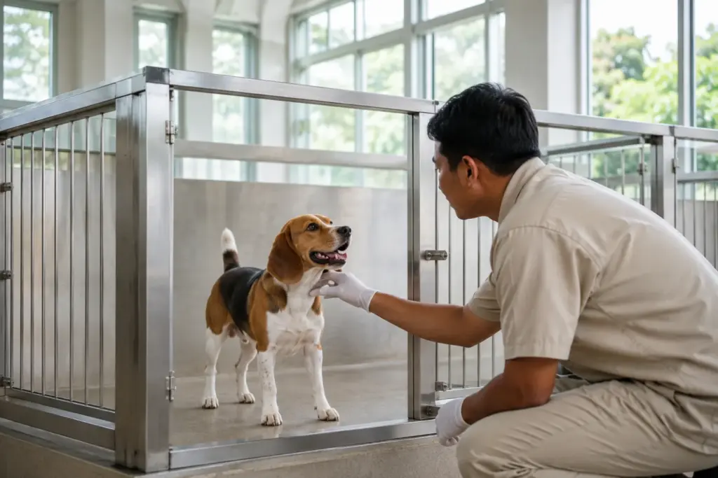 Caretaker checking a healthy beagle in a bright Jakarta animal quarantine holding facility