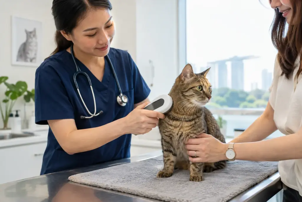 Veterinarian scanning a tabby cat's microchip during a pre-travel health check for bringing a pet to Singapore