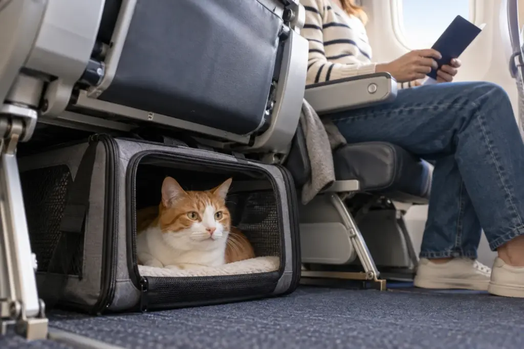 Ginger-and-white cat resting in a carrier beneath an aircraft seat during cat transport from Indonesia