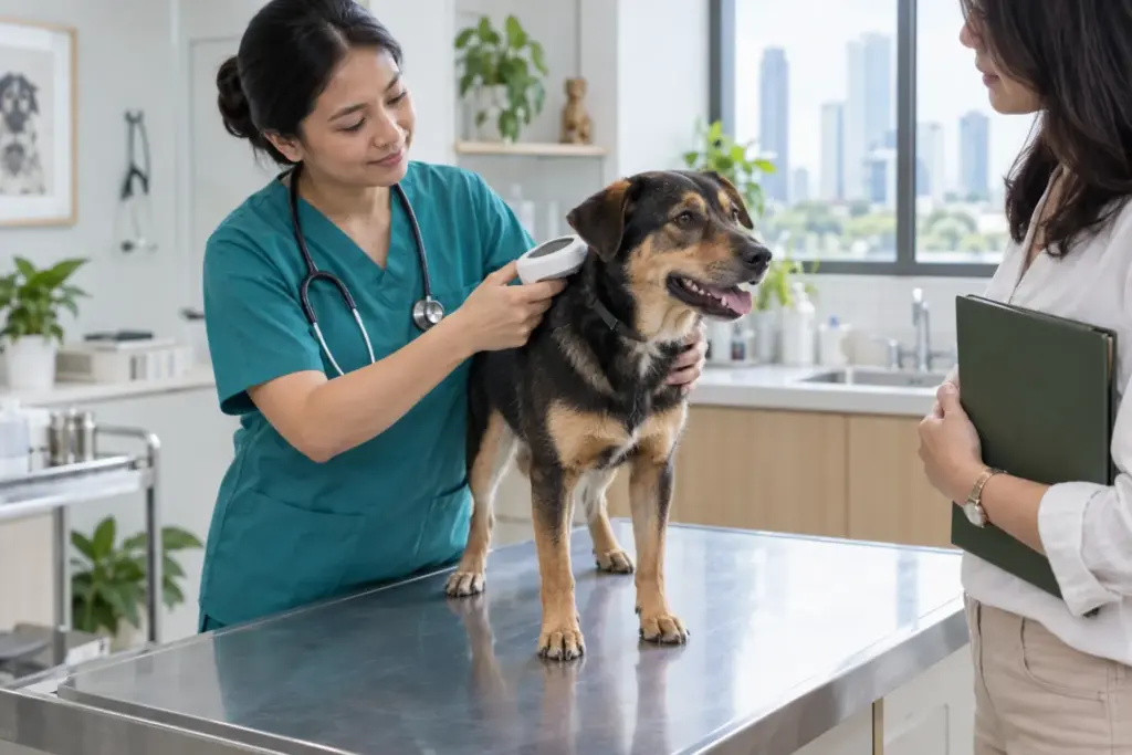 Veterinarian scanning a mixed-breed dog microchip during dog transport Indonesia readiness check