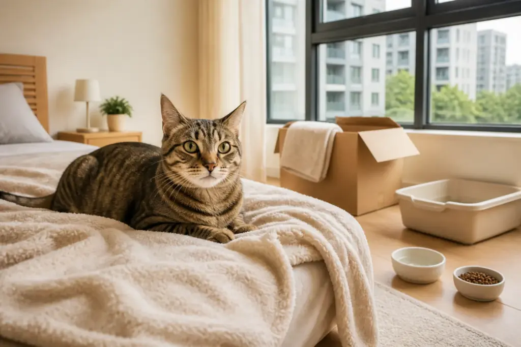 Tabby cat resting in a prepared Singapore bedroom with familiar litter, bowls, and a home blanket after arrival