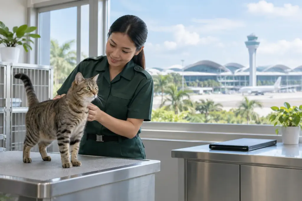 Animal-care professional checking a tabby cat in a clean Malaysian pet holding facility before arrival clearance