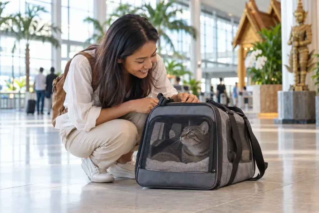 Owner greeting a tabby cat in a travel carrier at a bright Thailand arrival hall after pet relocation