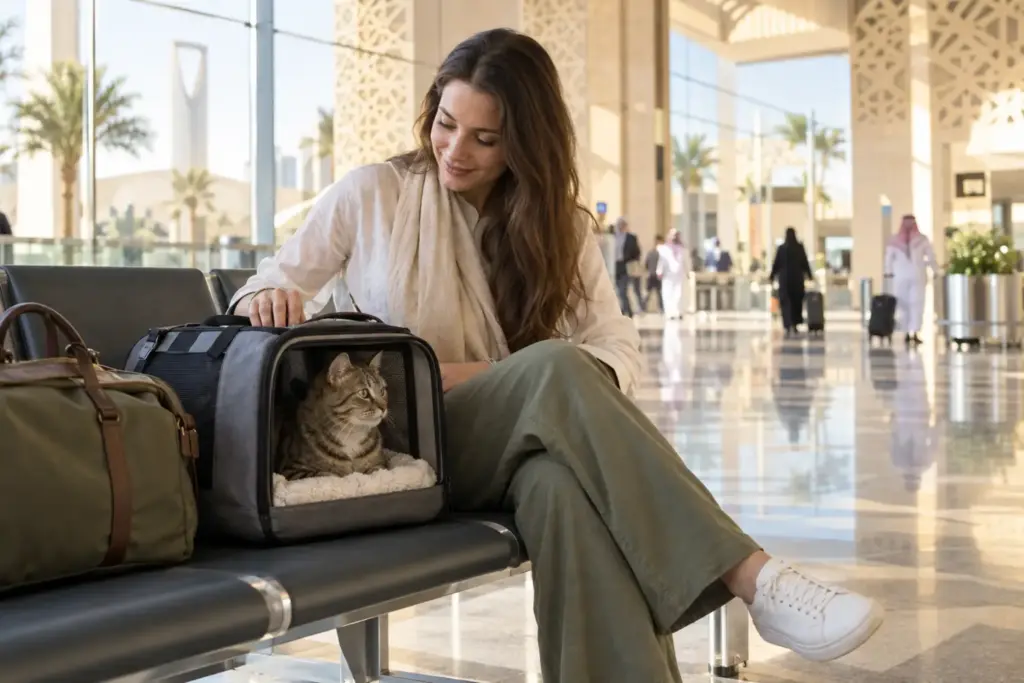 Owner sitting beside a tabby cat in a travel carrier at a Riyadh arrival hall for pet relocation to Saudi Arabia