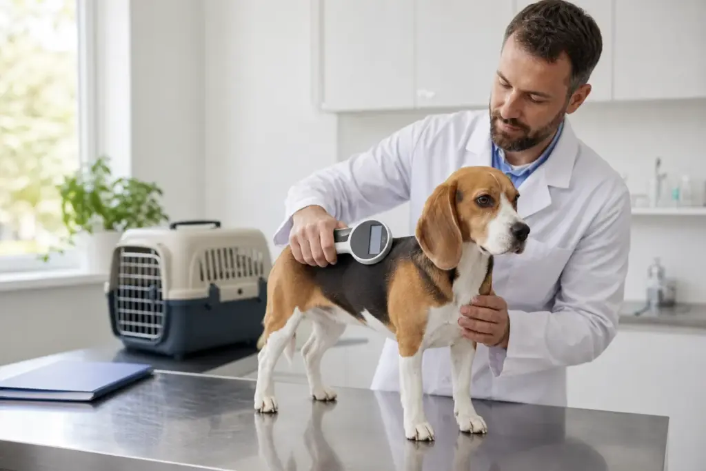 Veterinarian scanning a beagle's microchip during USA export preparation for pet travel to Indonesia