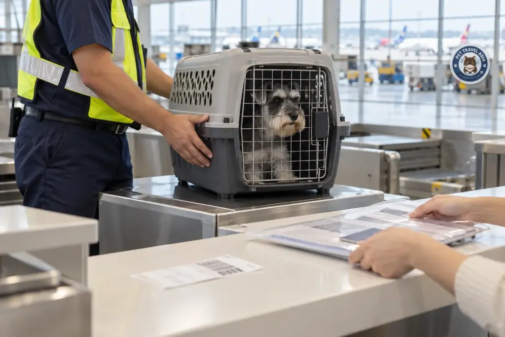 Cargo handler receiving a miniature schnauzer in a travel crate at an airport cargo counter while the owner hands over a document folder for a Singapore pet relocation