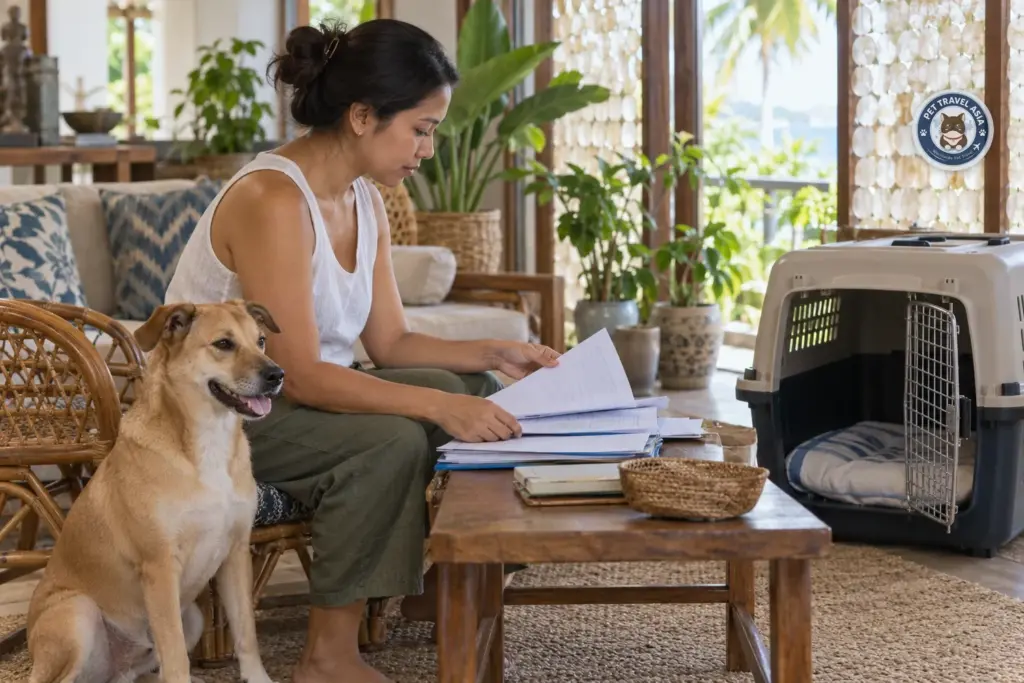 Owner sorting pet export papers at home in Cebu beside a tan Filipino mixed-breed dog and an open travel crate