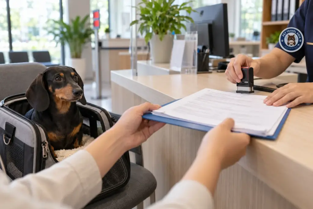 Pet owner handing a folder of export permit papers across a veterinary authority counter as an officer holds a stamp, with a dachshund waiting in a soft carrier
