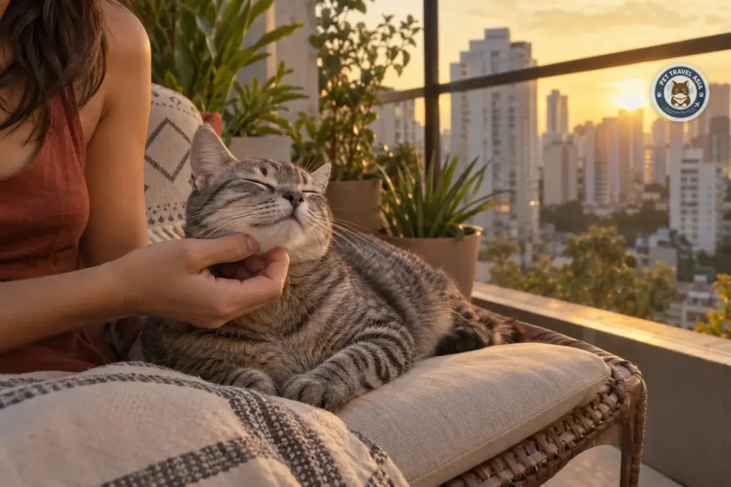 Owner scratching a relaxed grey tabby cat's chin on a São Paulo apartment balcony at sunset after pet travel to Brazil from Indonesia